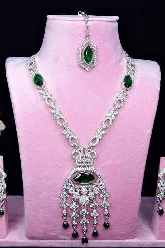 Green rhodium premium designer american diamond and stone work necklace set