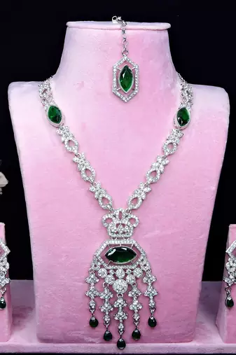 Green rhodium premium designer american diamond and stone work necklace set