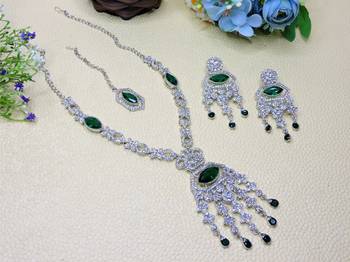 Green rhodium premium designer american diamond and stone work necklace set 2