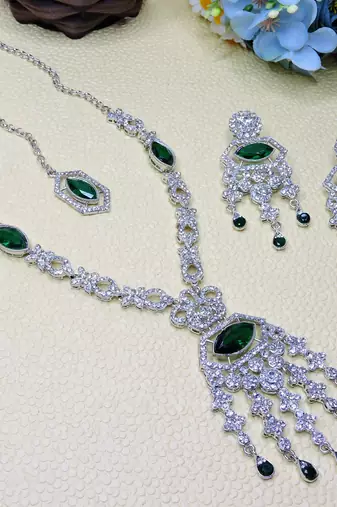 Green rhodium premium designer american diamond and stone work necklace set