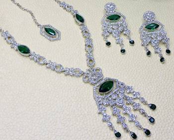 Green rhodium premium designer american diamond and stone work necklace set 3