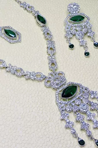 Green rhodium premium designer american diamond and stone work necklace set