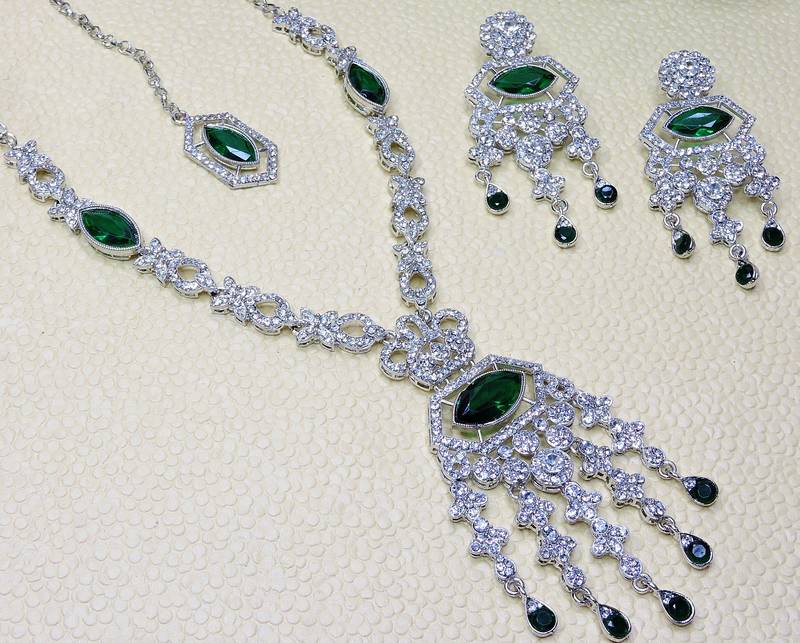 Green rhodium premium designer american diamond and stone work necklace set