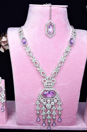 Purple rhodium premium designer american diamond and stone work necklace set