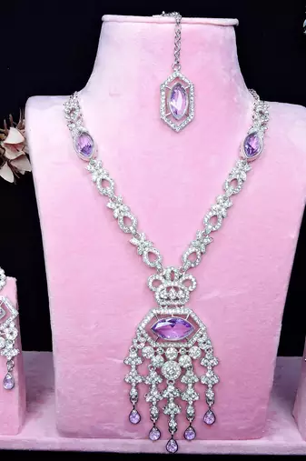 Purple rhodium premium designer american diamond and stone work necklace set