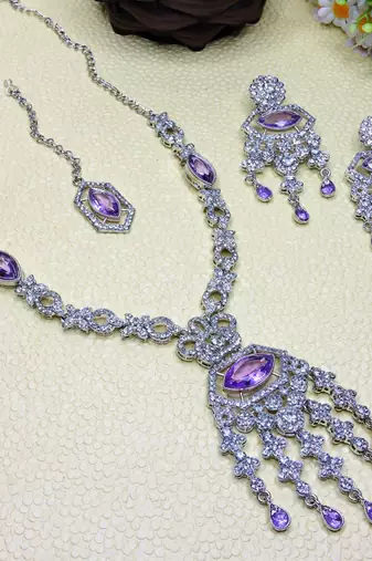 Purple rhodium premium designer american diamond and stone work necklace set