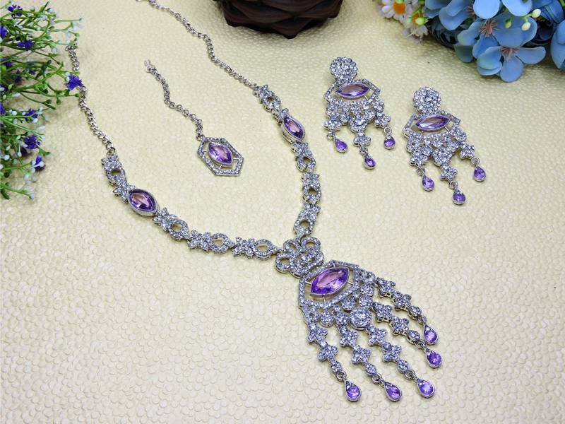 Purple rhodium premium designer american diamond and stone work necklace set