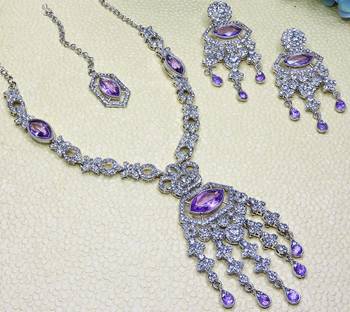 Purple rhodium premium designer american diamond and stone work necklace set 3
