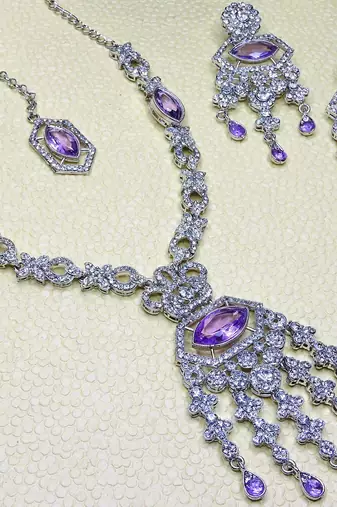 Purple rhodium premium designer american diamond and stone work necklace set