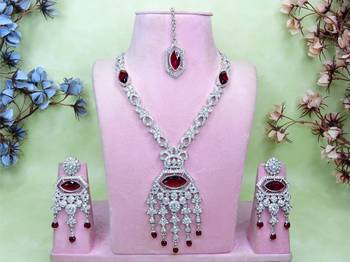 Maroon rhodium premium designer american diamond and stone work necklace set 1