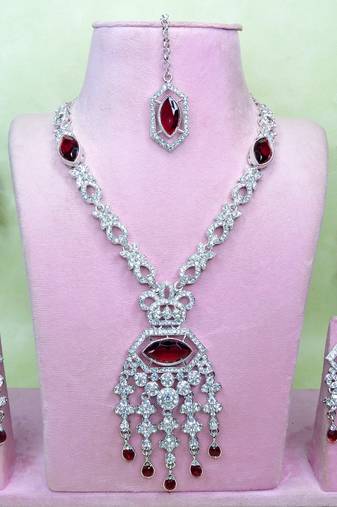 Maroon rhodium premium designer american diamond and stone work necklace set