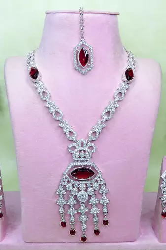 Maroon rhodium premium designer american diamond and stone work necklace set