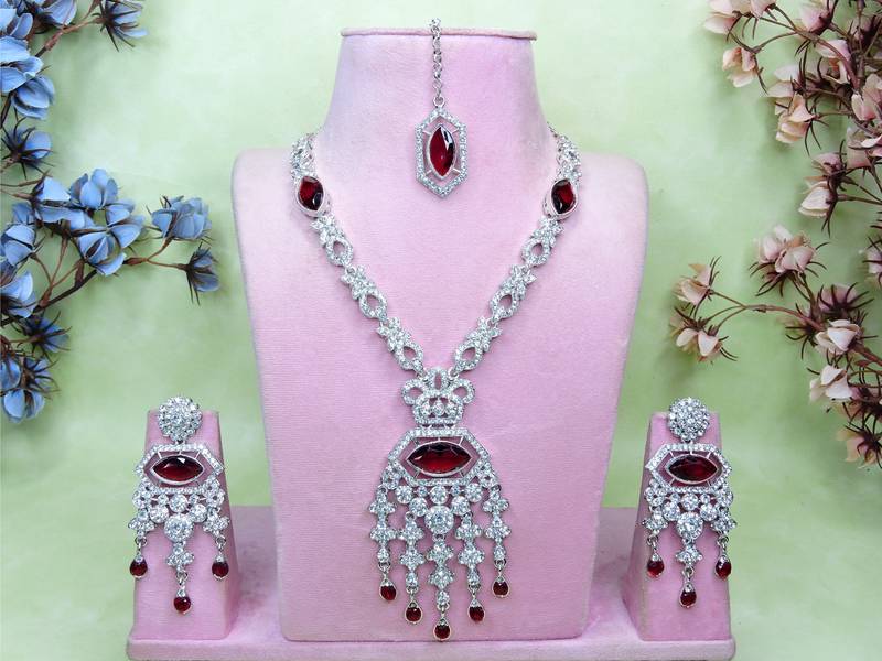 Maroon rhodium premium designer american diamond and stone work necklace set