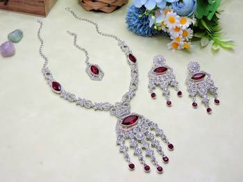 Maroon rhodium premium designer american diamond and stone work necklace set 2