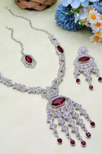 Maroon rhodium premium designer american diamond and stone work necklace set