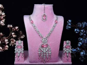 Pink rhodium premium designer american diamond and stone work necklace set 1