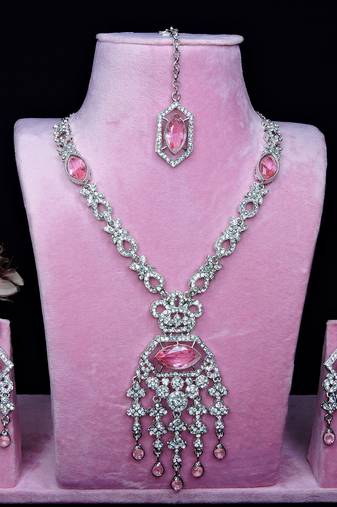 Pink rhodium premium designer american diamond and stone work necklace set