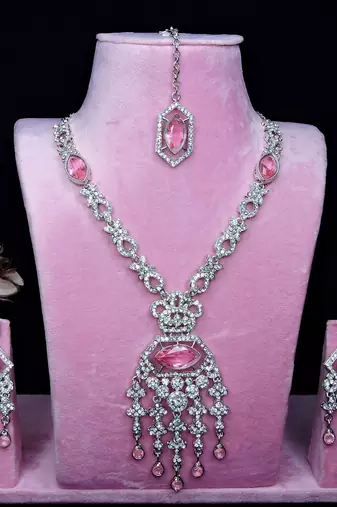 Pink rhodium premium designer american diamond and stone work necklace set