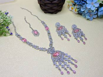 Pink rhodium premium designer american diamond and stone work necklace set 2