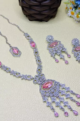 Pink rhodium premium designer american diamond and stone work necklace set
