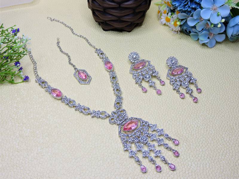 Pink rhodium premium designer american diamond and stone work necklace set
