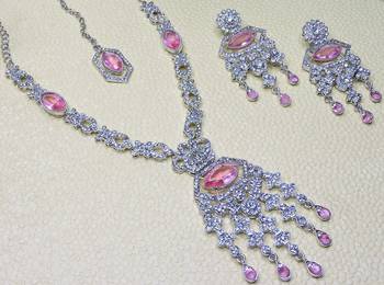 Pink rhodium premium designer american diamond and stone work necklace set 3