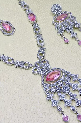 Pink rhodium premium designer american diamond and stone work necklace set