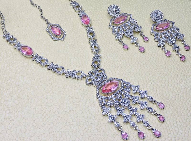 Pink rhodium premium designer american diamond and stone work necklace set