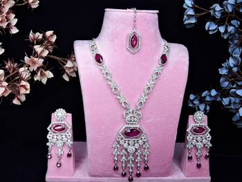 Purple rhodium premium designer american diamond and stone work necklace set 1