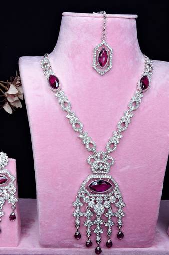 Purple rhodium premium designer american diamond and stone work necklace set