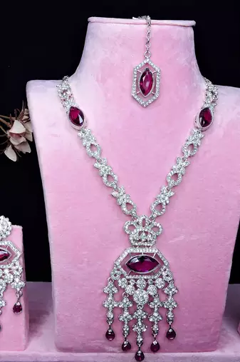 Purple rhodium premium designer american diamond and stone work necklace set
