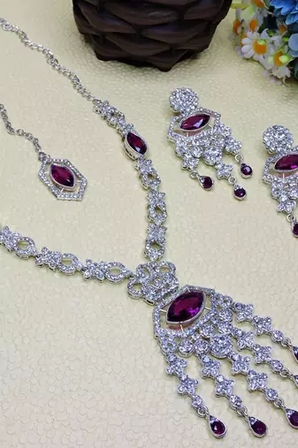 Purple rhodium premium designer american diamond and stone work necklace set