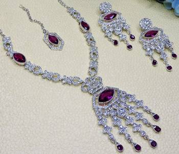 Purple rhodium premium designer american diamond and stone work necklace set 3