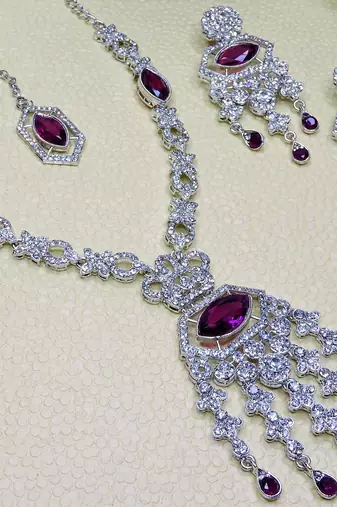 Purple rhodium premium designer american diamond and stone work necklace set