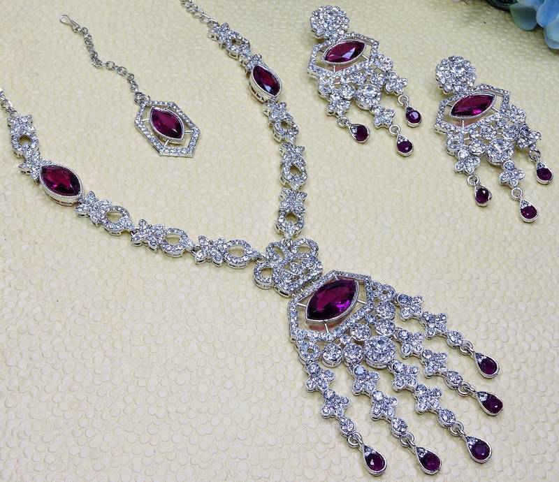 Purple rhodium premium designer american diamond and stone work necklace set