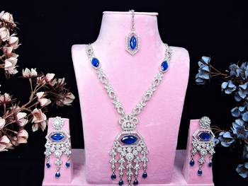 Blue rhodium premium designer american diamond and stone work necklace set 1