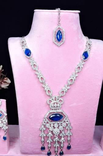 Blue rhodium premium designer american diamond and stone work necklace set