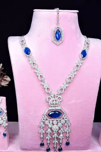 Blue rhodium premium designer american diamond and stone work necklace set