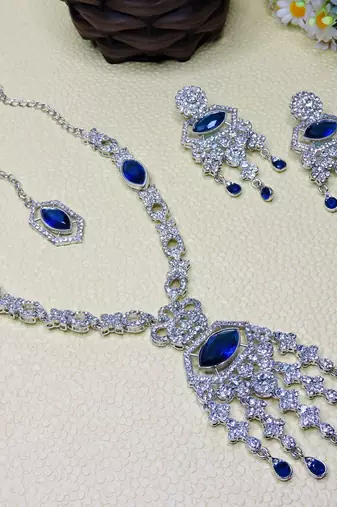 Blue rhodium premium designer american diamond and stone work necklace set
