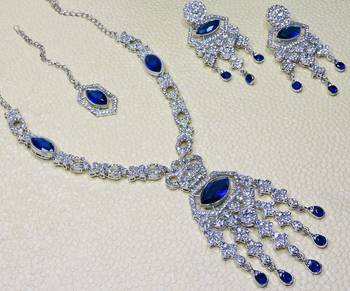 Blue rhodium premium designer american diamond and stone work necklace set 3