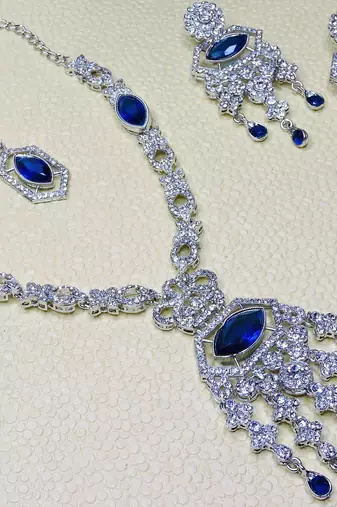 Blue rhodium premium designer american diamond and stone work necklace set