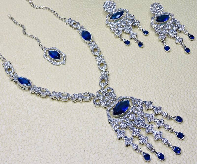 Blue rhodium premium designer american diamond and stone work necklace set