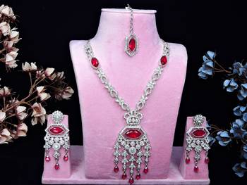 Pink rhodium premium designer american diamond and stone work necklace set 1
