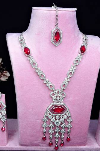 Pink rhodium premium designer american diamond and stone work necklace set