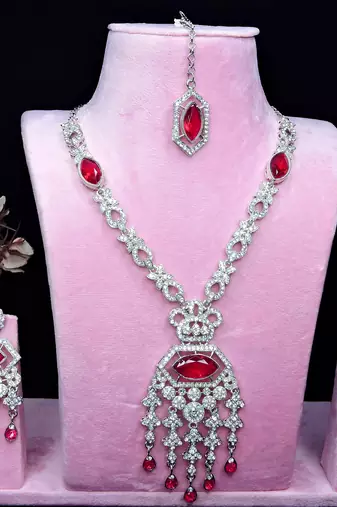 Pink rhodium premium designer american diamond and stone work necklace set