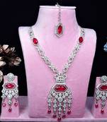 Pink rhodium premium designer american diamond and stone work necklace set