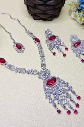 Pink rhodium premium designer american diamond and stone work necklace set