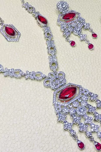 Pink rhodium premium designer american diamond and stone work necklace set