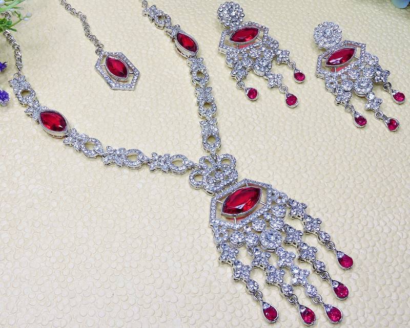 Pink rhodium premium designer american diamond and stone work necklace set