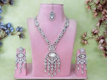 White rhodium premium designer american diamond and stone work necklace set 1
